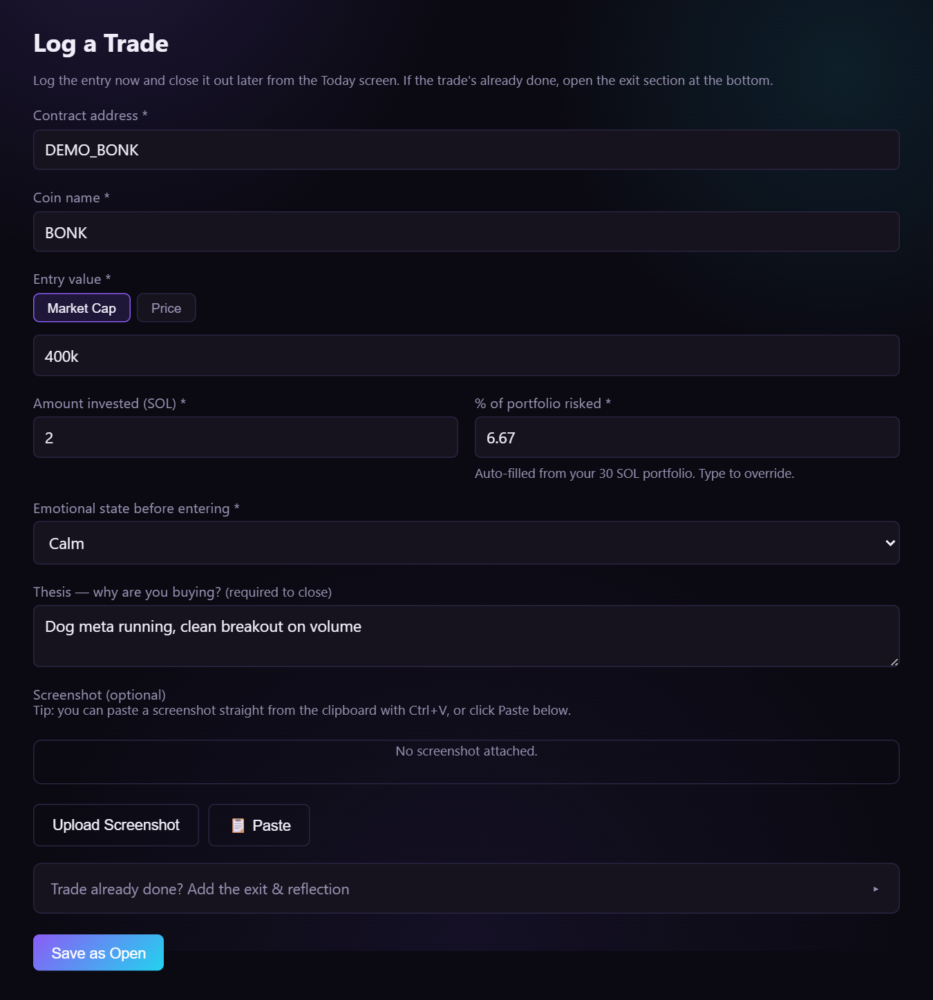 The Log a Trade form
